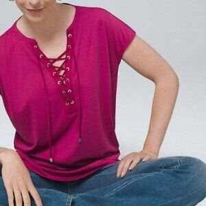 White House Black Market Fuschia Sandwash Lace Up Tee, Size Small